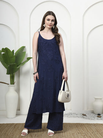 Navy Blue Rayon Noodle Strap Embroidered Kurti and Palazzo Set