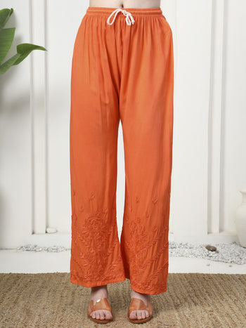 Vibrant Orange Rayon Chikankari Kurti and Palazzo Set