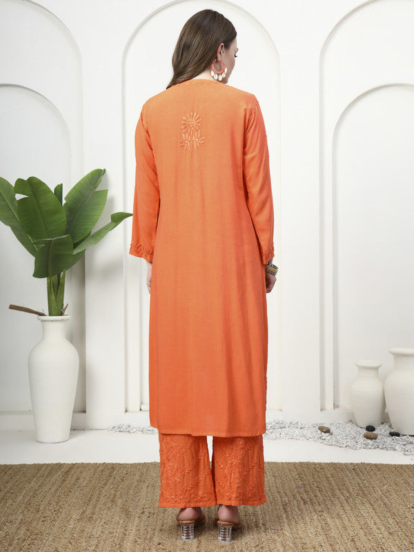 Vibrant Orange Rayon Chikankari Kurti and Palazzo Set