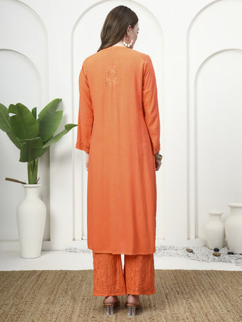 Vibrant Orange Rayon Chikankari Kurti and Palazzo Set