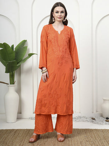 Vibrant Orange Rayon Chikankari Kurti and Palazzo Set