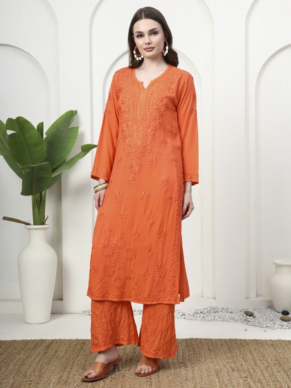 Vibrant Orange Rayon Chikankari Kurti and Palazzo Set