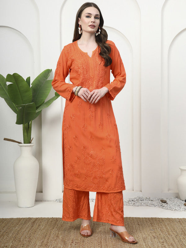 Vibrant Orange Rayon Chikankari Kurti and Palazzo Set