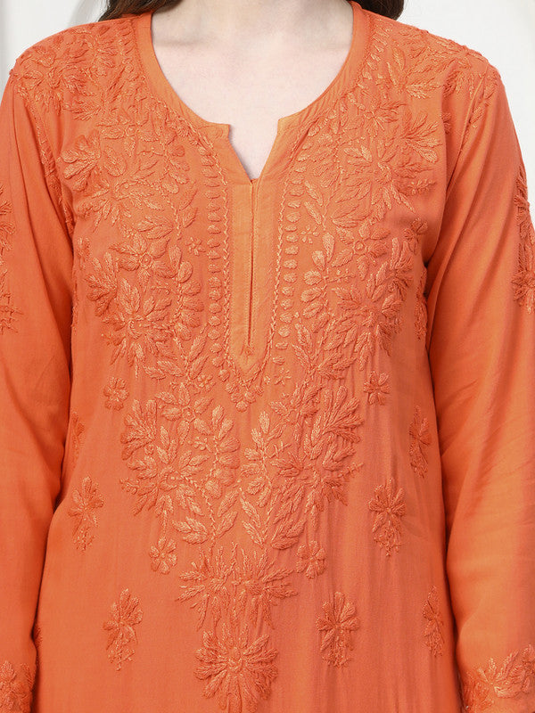Vibrant Orange Rayon Chikankari Kurti and Palazzo Set