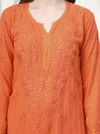 Vibrant Orange Rayon Chikankari Kurti and Palazzo Set