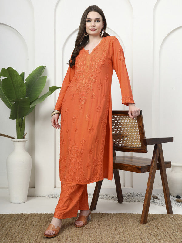 Vibrant Orange Rayon Chikankari Kurti and Palazzo Set