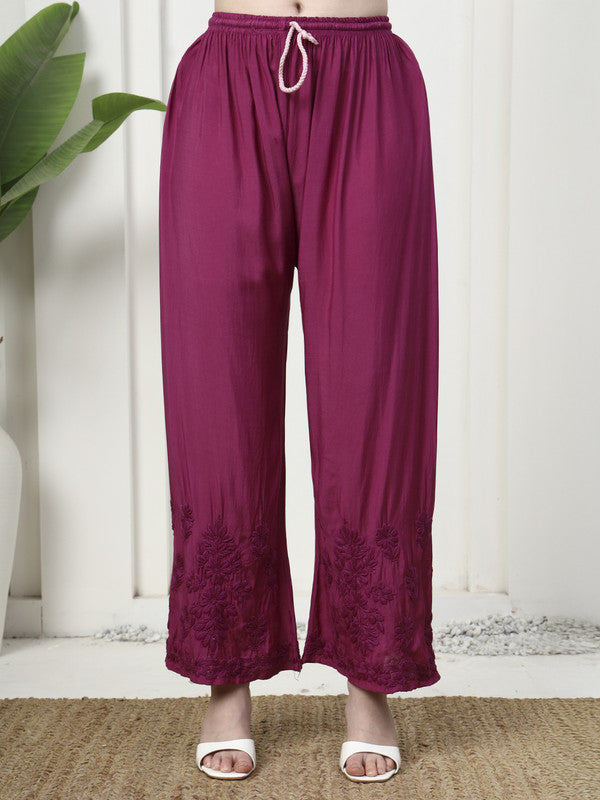 Premium Magenta Muslin Silk Embroidered Kurti and Palazzo Set