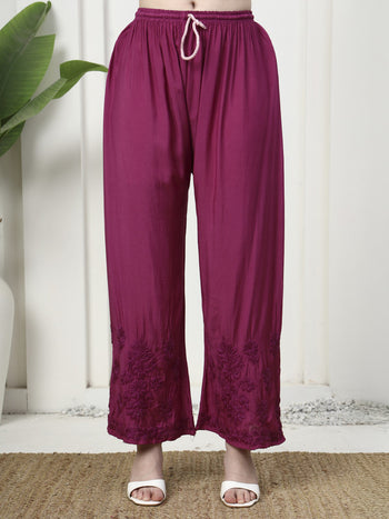 Premium Magenta Muslin Silk Embroidered Kurti and Palazzo Set