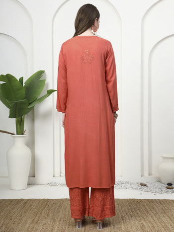 Rust Rayon Embroidered Kurti and Designer Printex Palazzo Set