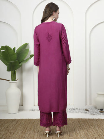 Premium Magenta Muslin Silk Embroidered Kurti and Palazzo Set