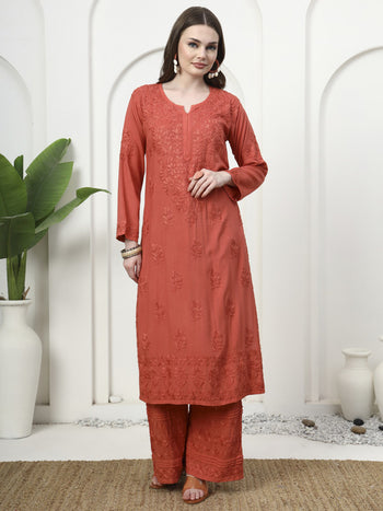 Rust Rayon Embroidered Kurti and Designer Printex Palazzo Set