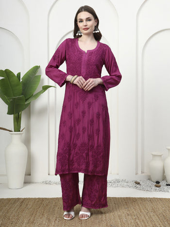 Premium Magenta Muslin Silk Embroidered Kurti and Palazzo Set