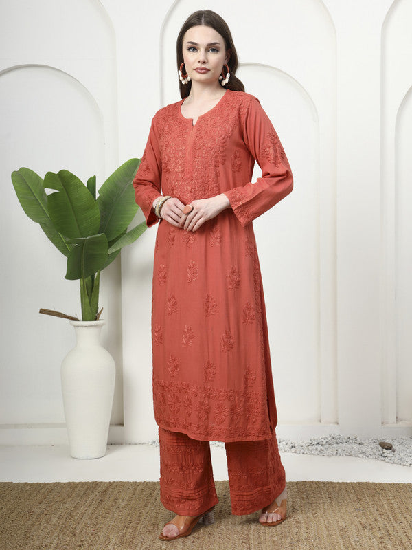 Rust Rayon Embroidered Kurti and Designer Printex Palazzo Set