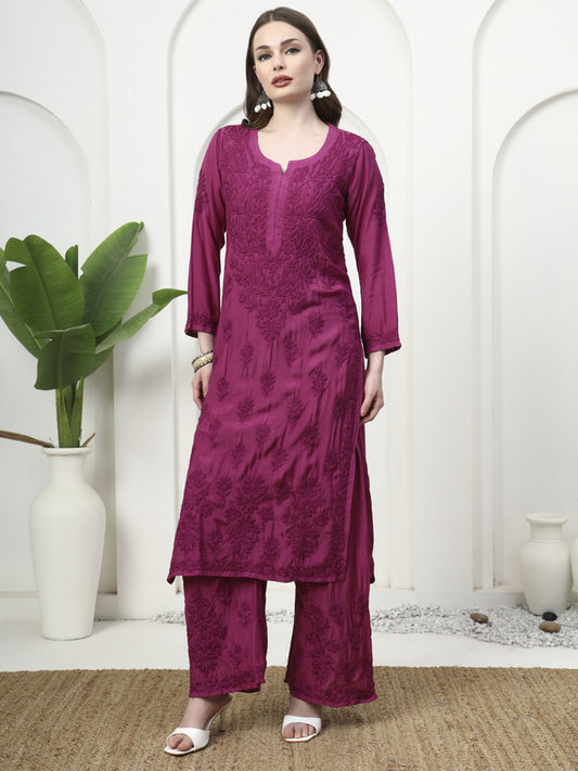 Premium Magenta Muslin Silk Embroidered Kurti and Palazzo Set