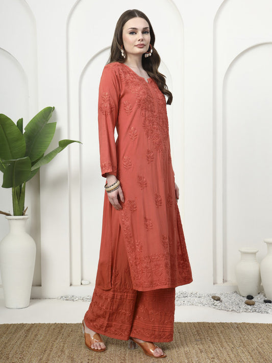 Rust Rayon Embroidered Kurti and Designer Printex Palazzo Set