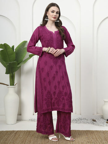 Premium Magenta Muslin Silk Embroidered Kurti and Palazzo Set