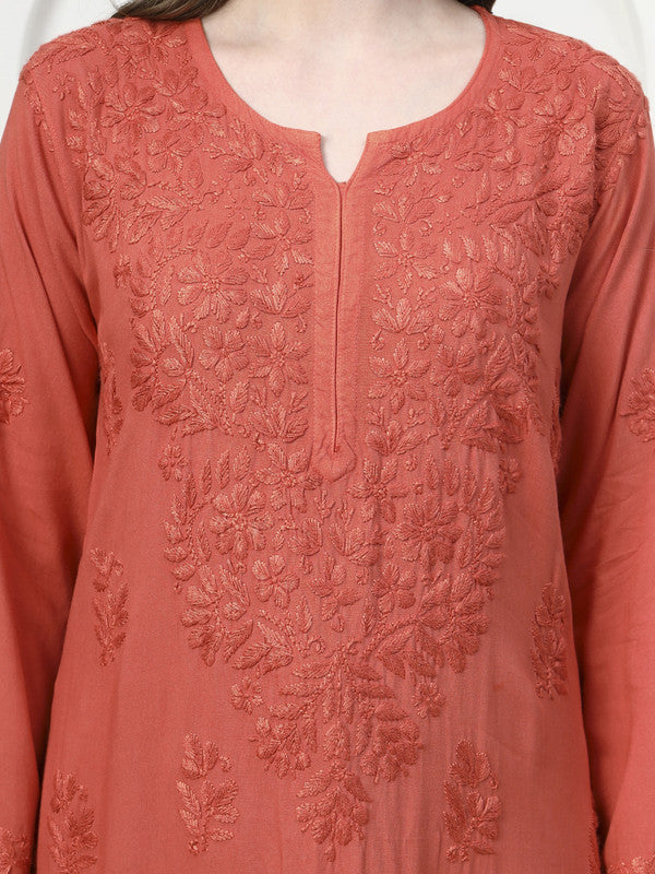 Rust Rayon Embroidered Kurti and Designer Printex Palazzo Set