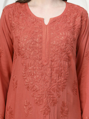 Rust Rayon Embroidered Kurti and Designer Printex Palazzo Set