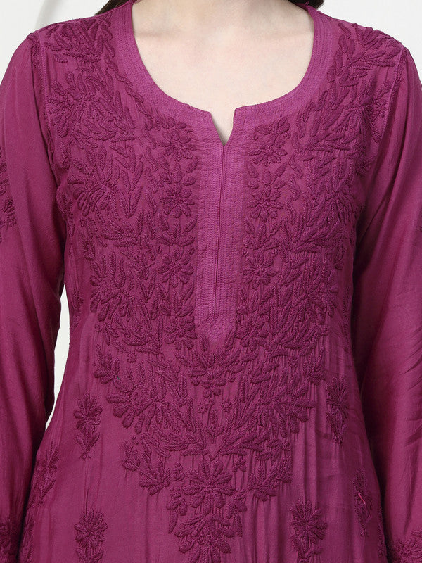 Premium Magenta Muslin Silk Embroidered Kurti and Palazzo Set