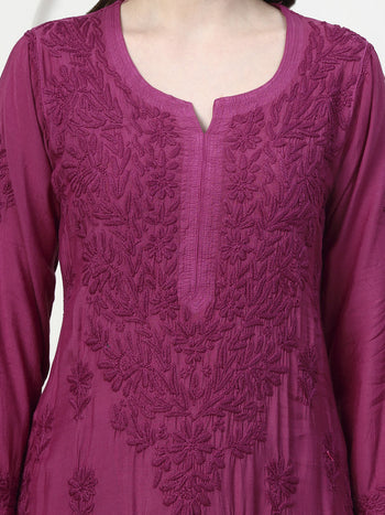 Premium Magenta Muslin Silk Embroidered Kurti and Palazzo Set