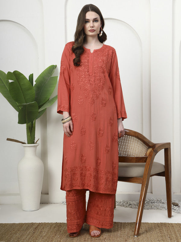 Rust Rayon Embroidered Kurti and Designer Printex Palazzo Set