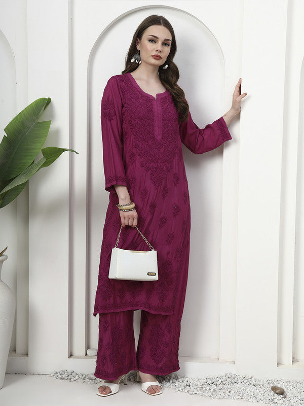 Premium Magenta Muslin Silk Embroidered Kurti and Palazzo Set