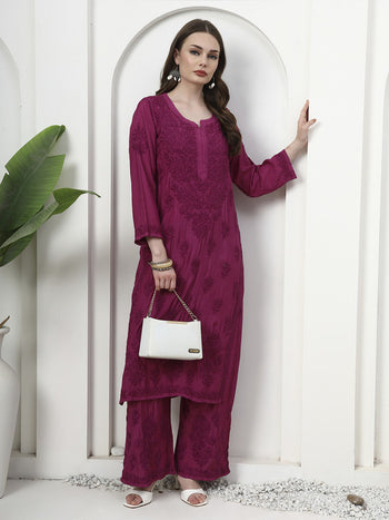 Premium Magenta Muslin Silk Embroidered Kurti and Palazzo Set