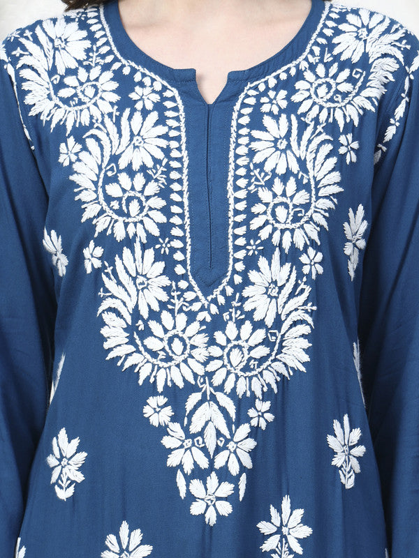 Teal Blue Rayon Cutwork Kurti and Palazzo Set