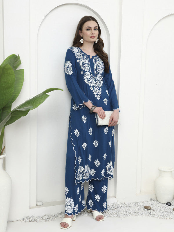 Teal Blue Rayon Cutwork Kurti and Palazzo Set