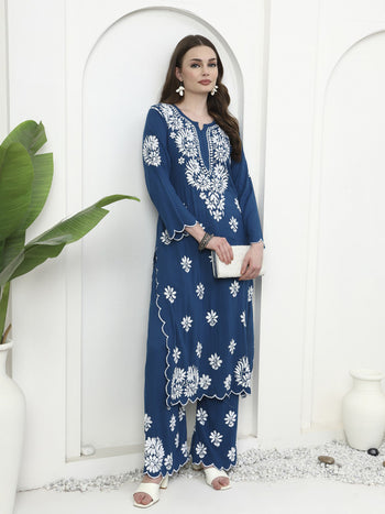 Teal Blue Rayon Cutwork Kurti and Palazzo Set