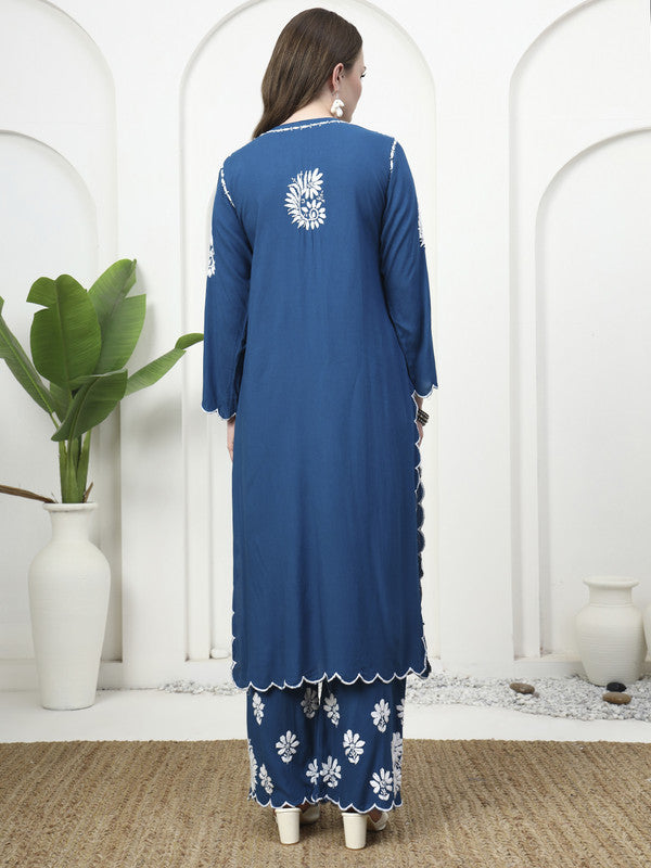 Teal Blue Rayon Cutwork Kurti and Palazzo Set
