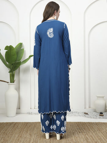 Teal Blue Rayon Cutwork Kurti and Palazzo Set