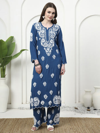 Teal Blue Rayon Cutwork Kurti and Palazzo Set
