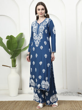 Teal Blue Rayon Cutwork Kurti and Palazzo Set
