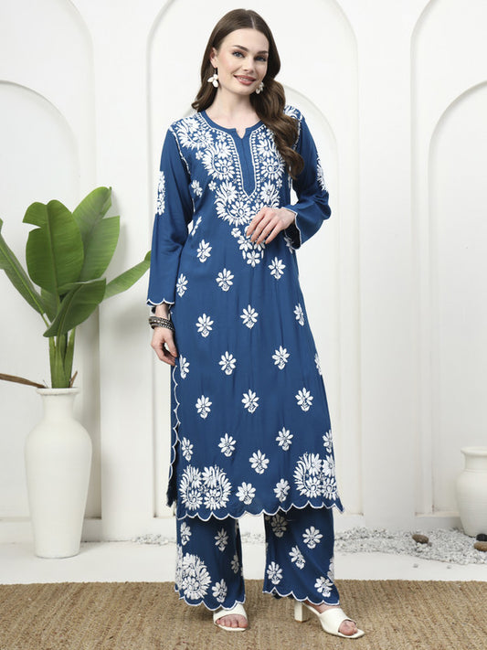 Teal Blue Rayon Cutwork Kurti and Palazzo Set